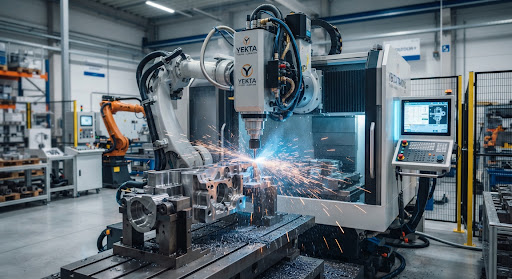 High precision heavy industrial CNC robotic milling machine working on steel equipment in modern automated smart manufacturing factory with ambient blue and gold sparks