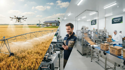 Modern smart agriculture center-pivot irrigation systems across golden wheat fields