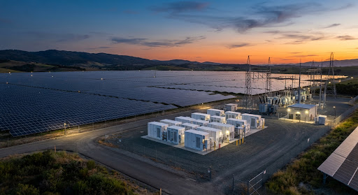 Expansive commercial utility-scale solar panel field at dusk with modern commercial battery energy storage containers and high voltage substation