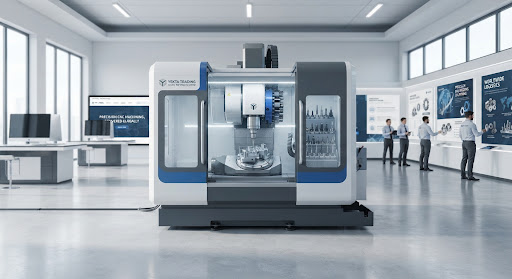 Industrial 5-axis CNC vertical milling machine tool in pristine corporate manufacturing showroom under studio lighting