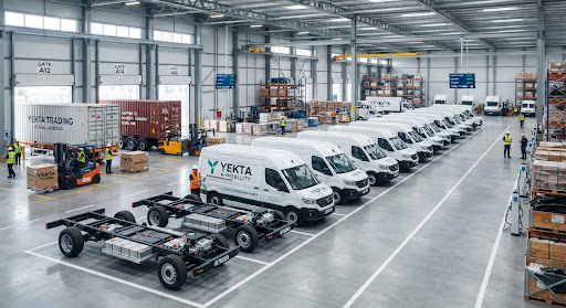 Modern electric vehicle chassis and commercial EV transport fleet lined up in modern distribution warehouse ready for international shipping