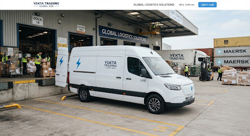 Electric commercial logistics transport delivery van white modern design parked in freight facility
