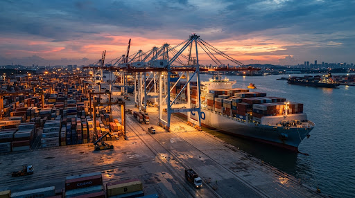 Bustling international deepwater container port terminal with massive gantry cranes loading large container vessel