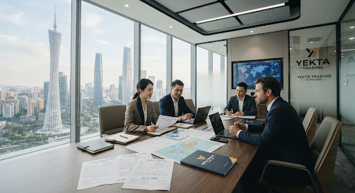 Corporate international trade headquarters conference room overlooking Guangzhou modern financial district skyscrapers with commercial shipping documents blueprints and trading contracts under soft daylight